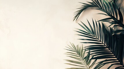 Tropical palm leaves are arranged on a textured background