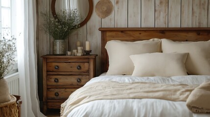 Rustic bedside cabinet near bed with beige pillows. Farmhouse interior design of modern bedroom.