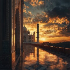 Fototapeta premium Majestic sunrise illuminates a grand mosque, reflecting in still water.