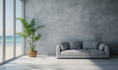 Fototapeta premium Minimalist living room with ocean view, grey sofa, and potted plant.
