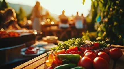 Fresh Vegetables and Grilled Food on Table at Summer Gathering