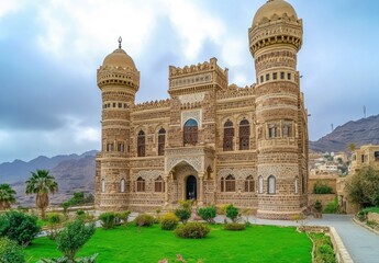 Obraz premium Majestic stone palace nestled in mountains.