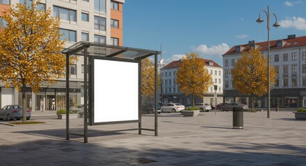 Naklejka premium Blank billboard on a city bus stop in autumn.