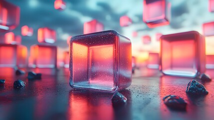 Translucent glass block illuminated by a vivid red light creating an eye-catching abstract visual effect