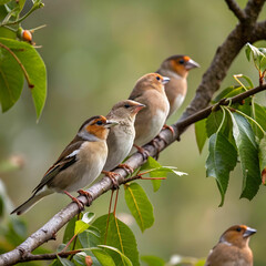 Fototapeta premium finches sitting in line on a branch focused