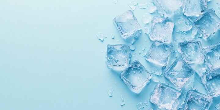 Ice cubes are scattered on a light blue background
