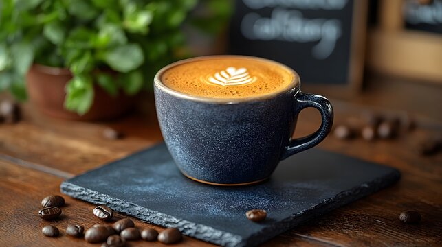 Stylish cafe menu mockup with a dark chalkboard theme, featuring handwritten fonts and a rustic coffee cup setup