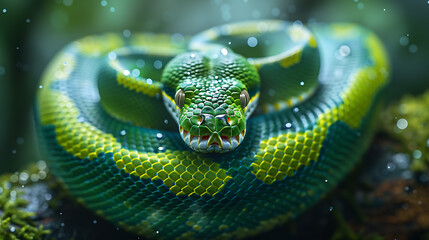 Fototapeta premium Close-up of a vibrant green and yellow snake resting on a moss-covered branch in a lush forest