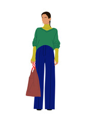 Modern business women standing with big hand bag. Vector realistic illustration of pretty cartoon girl in fashionable casual office outfit. Isolated
