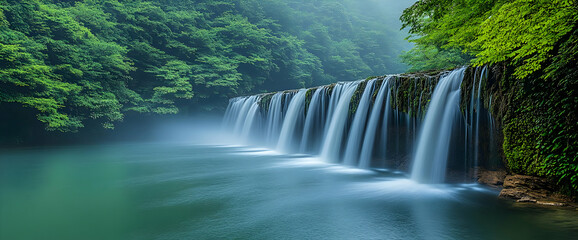 Naklejka premium Serene Waterfall Cascading Through Lush Forest