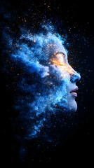 Abstract female profile, fire/energy, dark background