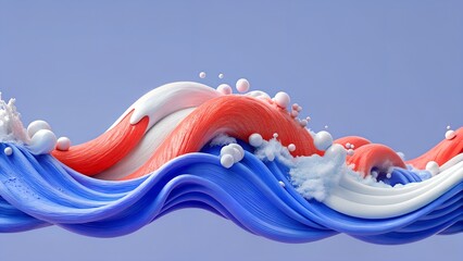 Waves of Color: A dynamic composition of fluid, flowing waves in striking red, white, and blue hues, with a playful scattering of spheres, creating a sense of movement and vibrancy