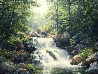 Tranquil Waterfall in a Lush Forest