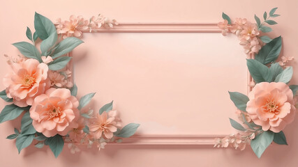 Obraz premium Soft peach floral frame with green leaves and delicate petals. A charming and stylish background for wedding invitations, branding, and artistic stationery