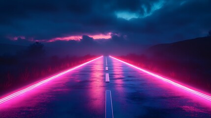 Abstract background with an empty asphalt road illuminated by neon lights, in a dark blue and pink color scheme. 