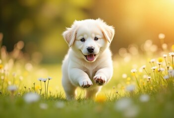 Happy Puppy Running Through Wildflowers in a Sunlit Meadow. Generative AI
