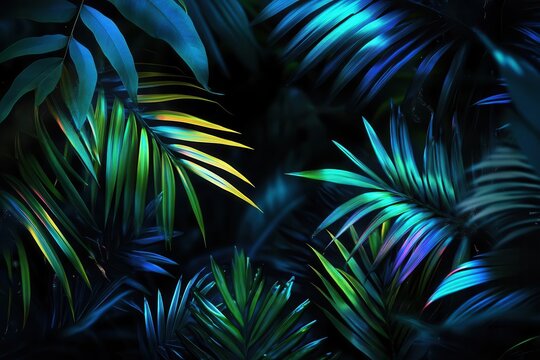 ethereal cyberpunk jungle scene with electric blue and neon green palm leaves glowing against deep black background, creating a futuristic tropical ambiance with digital rain effects
