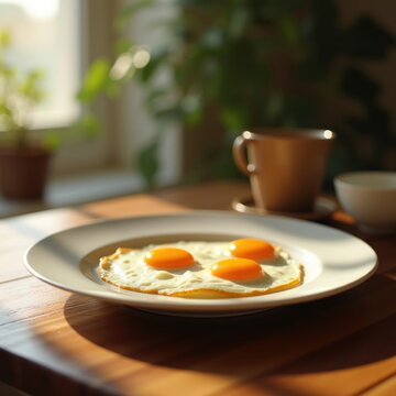 Warm Breakfast Scene with Sunny-side-Up Eggs and Morning Light. Generative AI