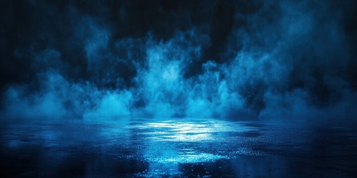Blue fog rises above a reflective dark wet surface