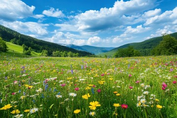 Obraz premium Lush spring meadow bursting with colorful wildflowers and vibrant greenery, perfect for nature lovers and travel enthusiasts seeking serene outdoor photography