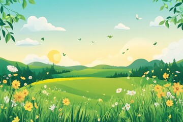 Fototapeta premium Colorful spring meadow with hills and trees at sunrise