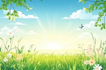 Obraz premium Spring meadow with flowers and grass bathed in sunlight