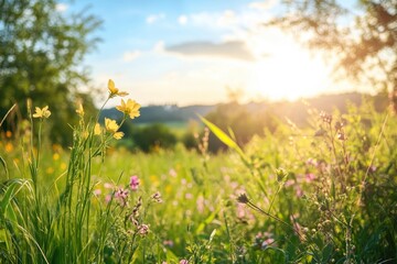 Field of vibrant wildflowers bathes in warm sunlight glow