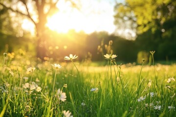 Obraz premium Daisies and grasses stand tall bathed in golden sunlight