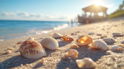 Glistening under soft sunlight, a delicate seashell with elegant brown and white stripes rests on pristine sand, exuding serene beach vibes with an inviting leftward gaze