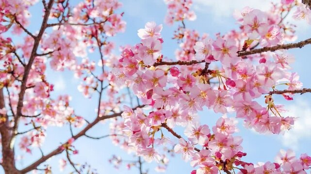 Blue sky, cherry blossoms swaying in the wind, sunshine, beautiful spring scenery of Japan.