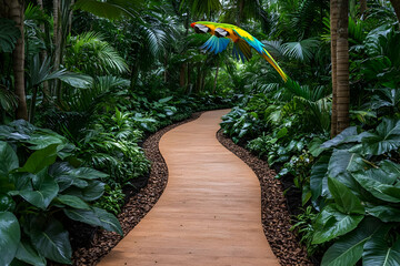 Obraz premium Colorful Parrot Flying Over Lush Tropical Path