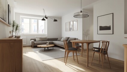 Minimalist living room with wooden furniture and natural light.