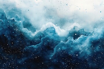 Obraz premium ethereal hand-painted watercolor galaxy in deep indigo and teal with delicate white speckles and flowing gradients, creating a dreamy cosmic underwater atmosphere