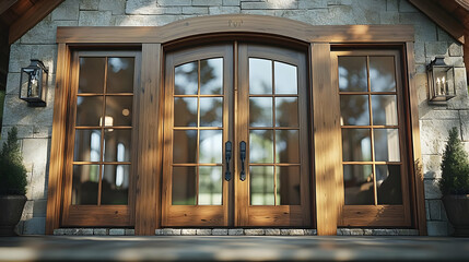 Wooden Double Arch Doors With Glass Panes On A Stone Home Entrance