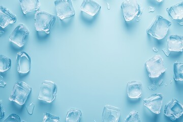 Scattered ice cubes create a border on light blue backdrop