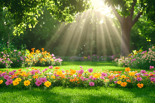 Bl&uuml;hender Garten mit Sonnenstrahlen und farbenfrohen Blumen im Fr&uuml;hling
