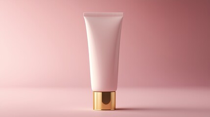 Luxurious body lotion in a matte white tube with a gold cap, showcasing the light pink emulsion inside, for a minimalist, hyper-realistic, clean cosmetic aesthetic