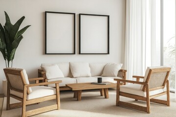 Fototapeta premium Minimalist living room with wooden furniture, white sofa, and two blank frames.