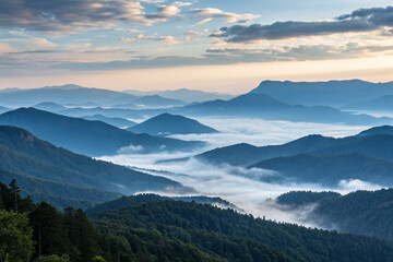 Misty Mountain Ranges at Sunrise – Breathtaking Scenic View