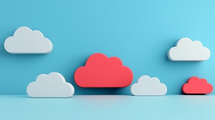 Cloud data storage concept, colorful clouds in various sizes against a blue backdrop create a whimsical, playful atmosphere.