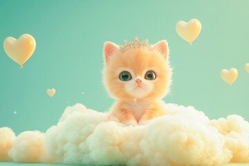 Fototapeta premium Adorable kitten wearing a crown sits on a fluffy cloud amidst heart-shaped balloons.