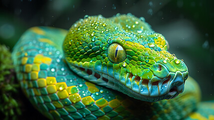 Fototapeta premium Close-up of a vibrant green and yellow snake glistening with water droplets in a lush, tropical setting