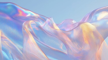 Fototapeta premium Iridescent, holographic fabric flows ethereally in the wind against a light blue sky, shimmering with subtle glitter and conveying tranquility
