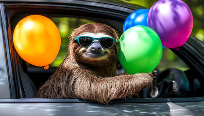 A sloth enjoying a fun car ride with balloons.