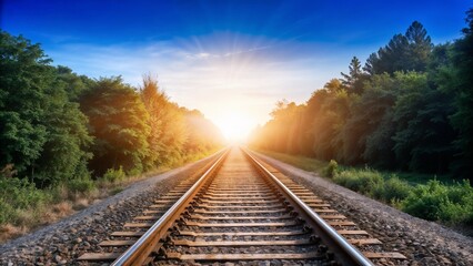 Railway tracks leading into a vibrant sunset surrounded by lush greenery and trees