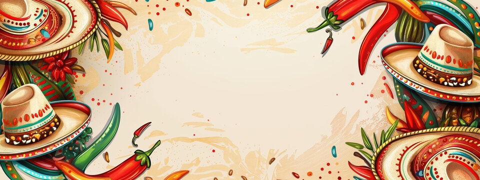 Colorful sombreros and vibrant chili peppers create a lively abstract pattern against a clean beige backdrop, providing ample space for festive text or messages
