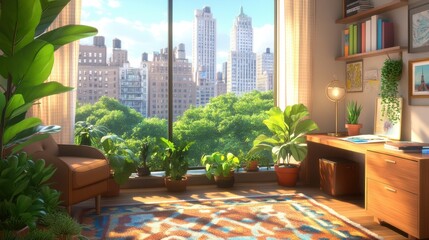 City View Home Office: A sunlit home office interior offering a captivating cityscape panorama, where lush greenery and urban architecture converge, fostering creativity.