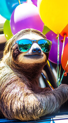 Happy sloth celebrating with colorful balloons.