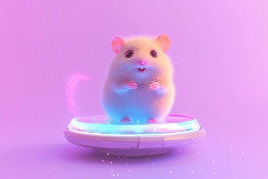 Adorable fluffy hamster levitates on a glowing futuristic disc against a vibrant purple backdrop.