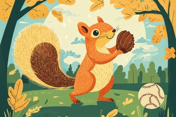 Fototapeta premium An orange squirrel is holding a baseball glove outside in autumn